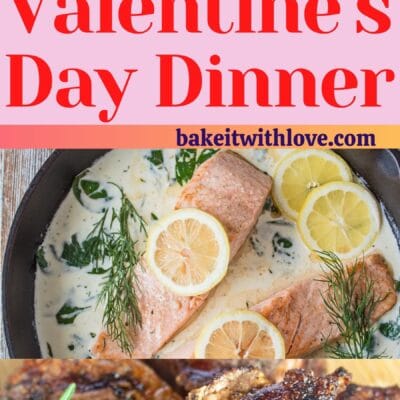 Valentine's Day dinner ideas pin with multiple dinner images.