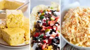A three pane collage of great side dishes for what to serve with chili dinners.