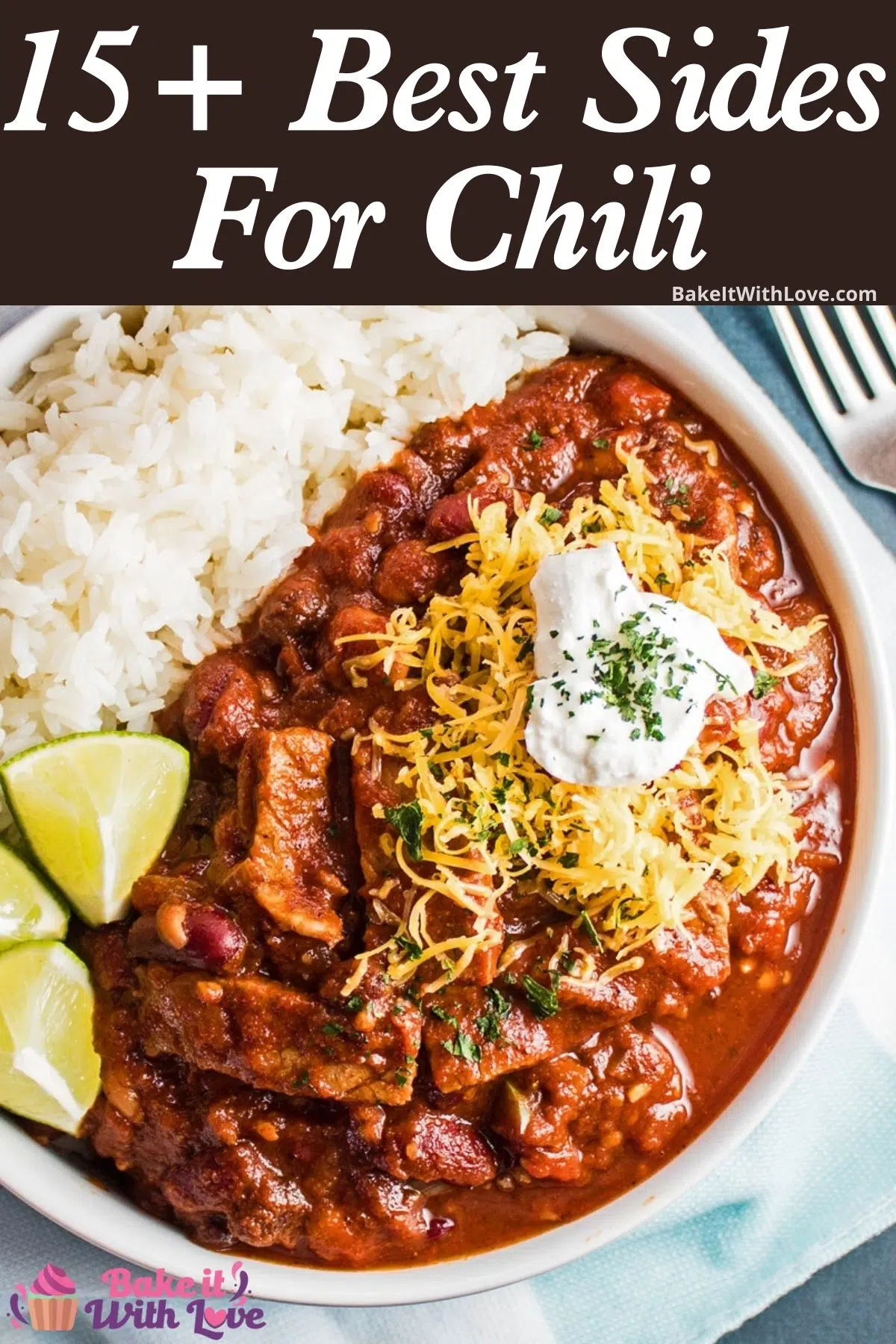 Pin image with text showing a bowl of chili..