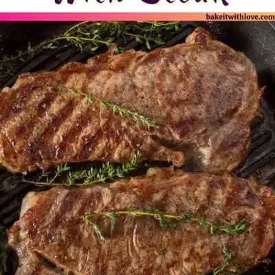 Pin image with text of 2 steaks in a cast iron pan.