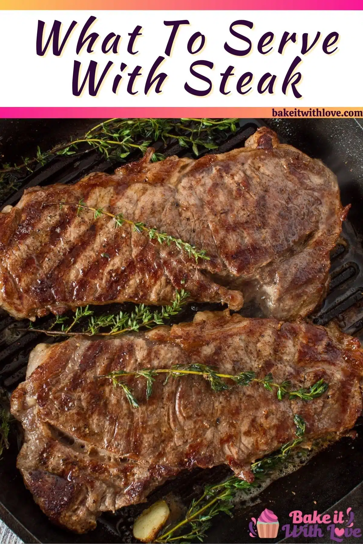 Pin image with text of 2 steaks in a cast iron pan.