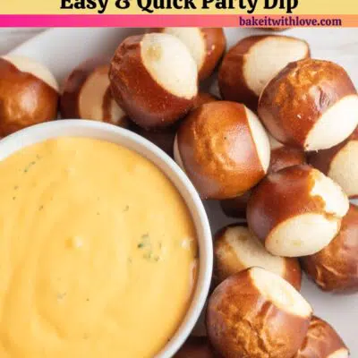 Pin image with text of cheese dip in a white bowl with pretzels around bowl.
