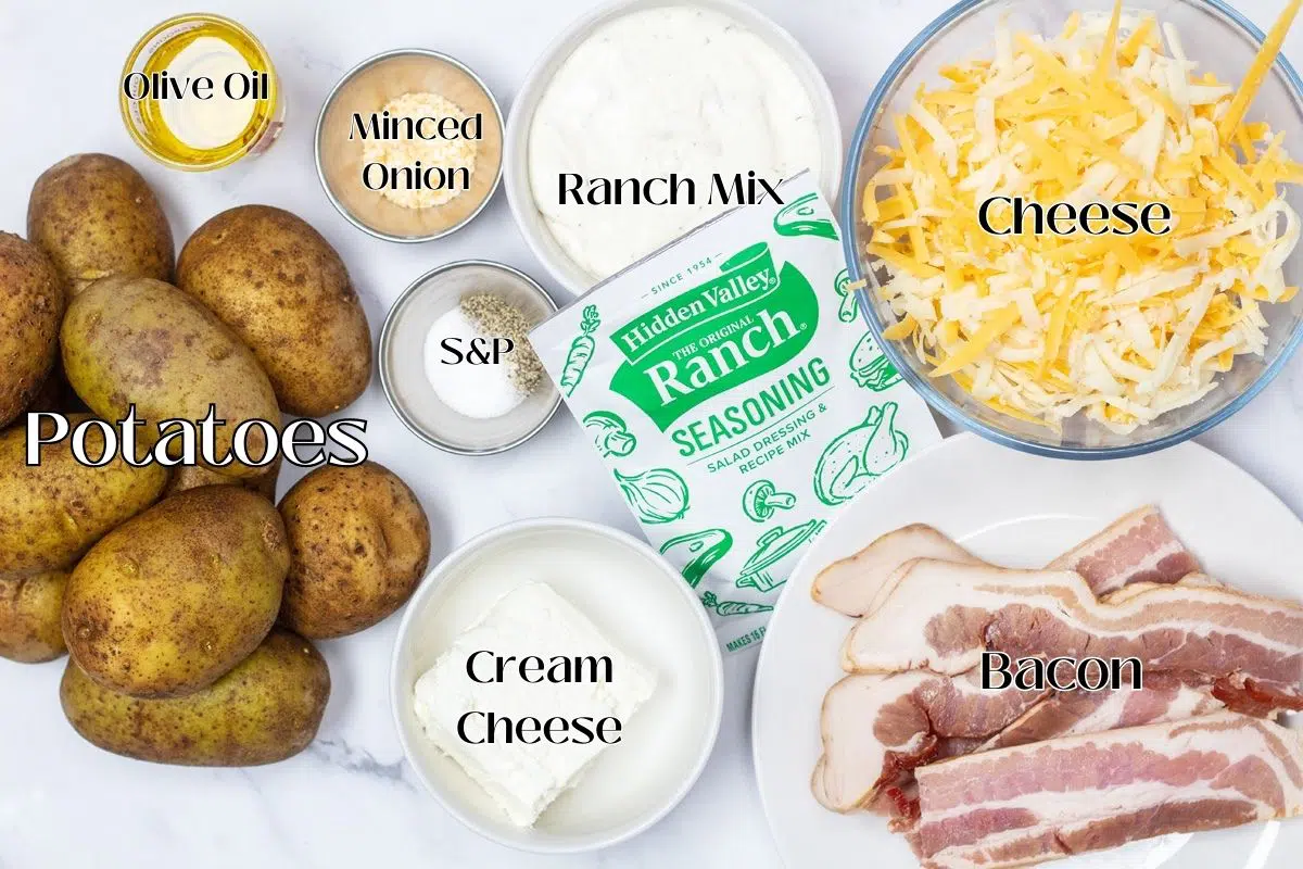 Ingredient photo showing what you need to make cheesy bacon ranch potatoes.