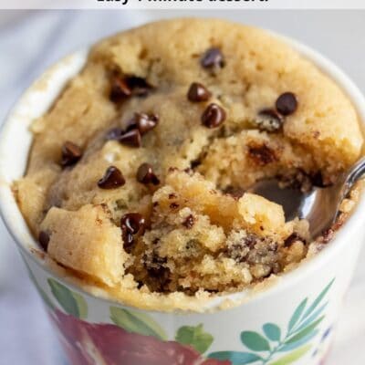 Pin image with text divider of flowered mug with chocolate chip cake.