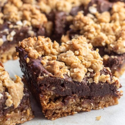 Chewy oatmeal chocolate revel bars sliced and ready to enjoy.