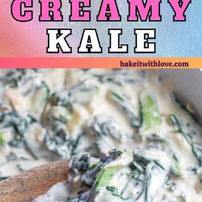 Pin image with text of creamed kale in skillet with wooden spoon.