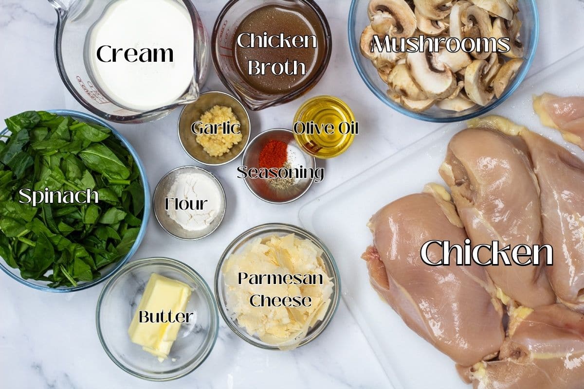 Photo showing ingredients needed for creamy garlic parmesan mushroom chicken.
