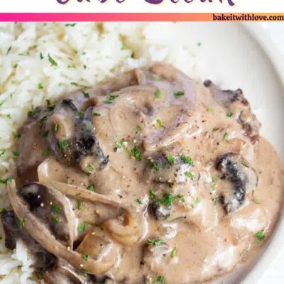 Pin image with text of crockpot cube steak served with rice.