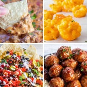 Square image of collage of game day appetizers.