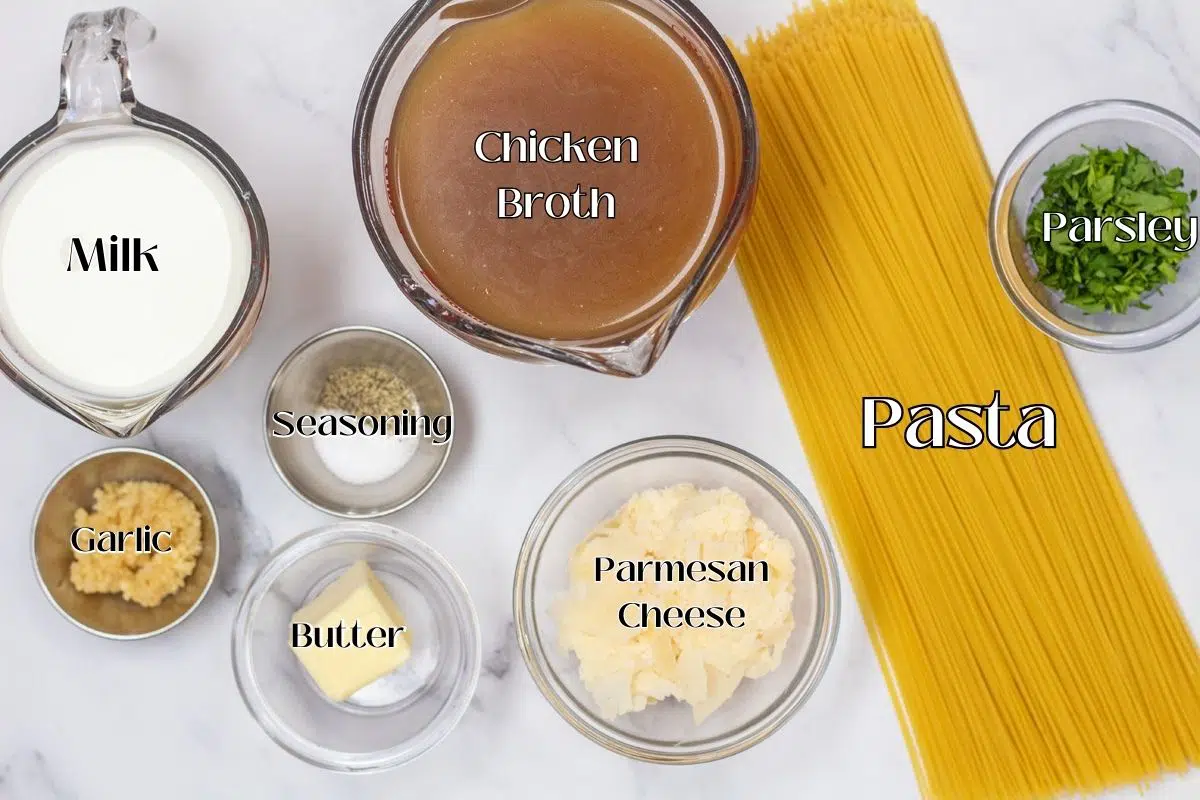 Garlic Parmesan angel hair pasta ingredient photo.