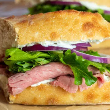 Wide image of prime rib sandwich.