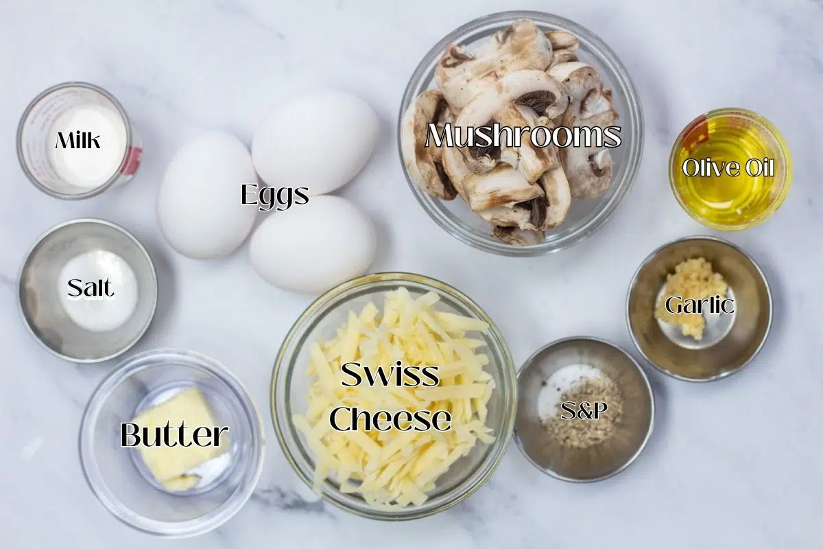 Ingredients needed for mushroom Swiss omelet.