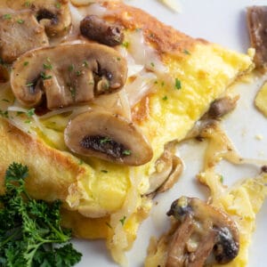 Close up square image of mushroom swiss omelet on a white plate