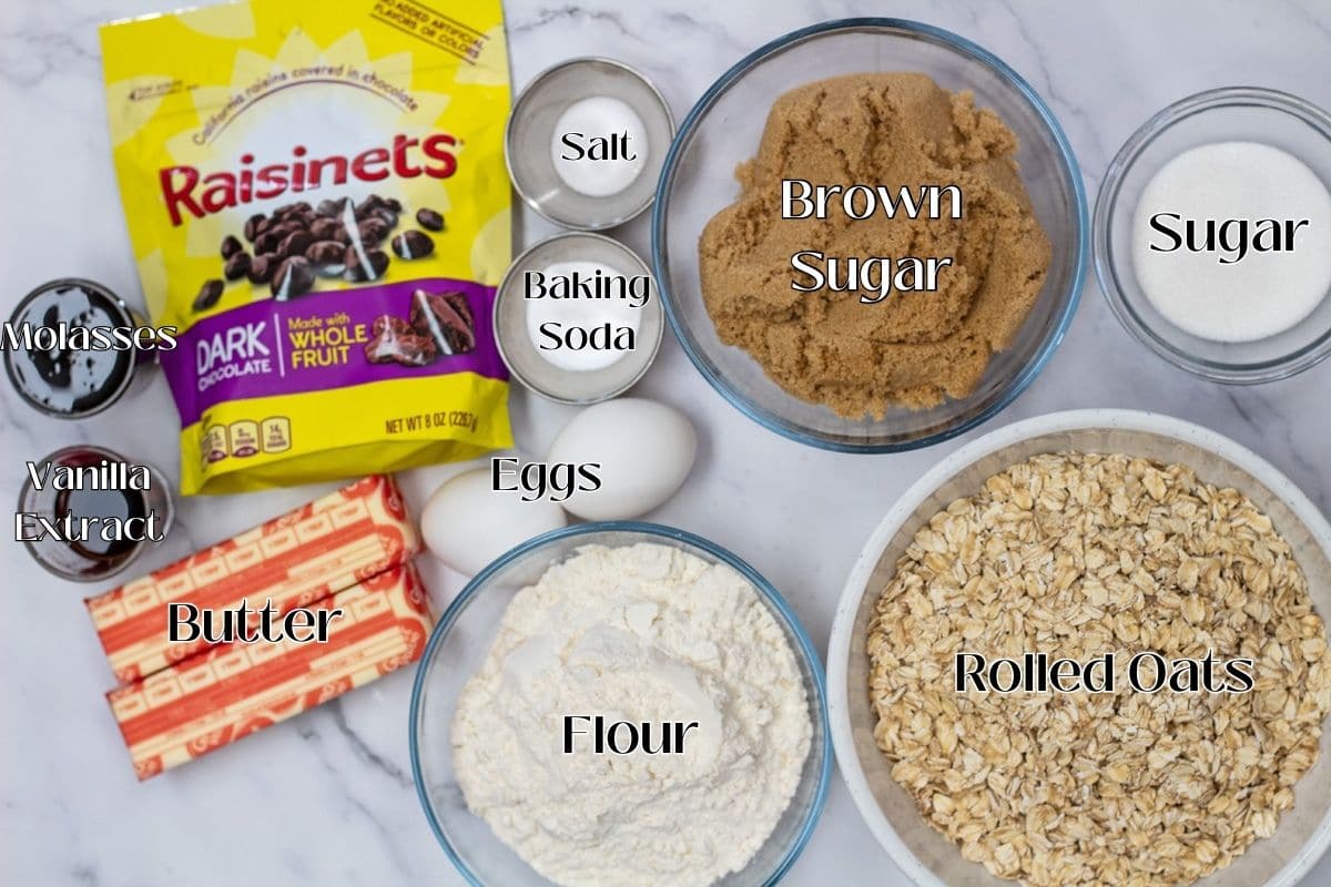 Ingredient photo for oatmeal raisinet cookies.