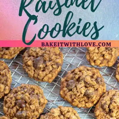 Pin image with text divider showing pic of oatmeal raisinet cookies.