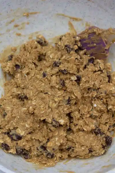 Oatmeal Raisinet cookies process image 11, showing Raisinet's mixed in.