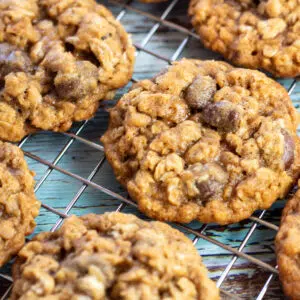 Square close up image of oatmeal raisinet cookies on a cooling rack.