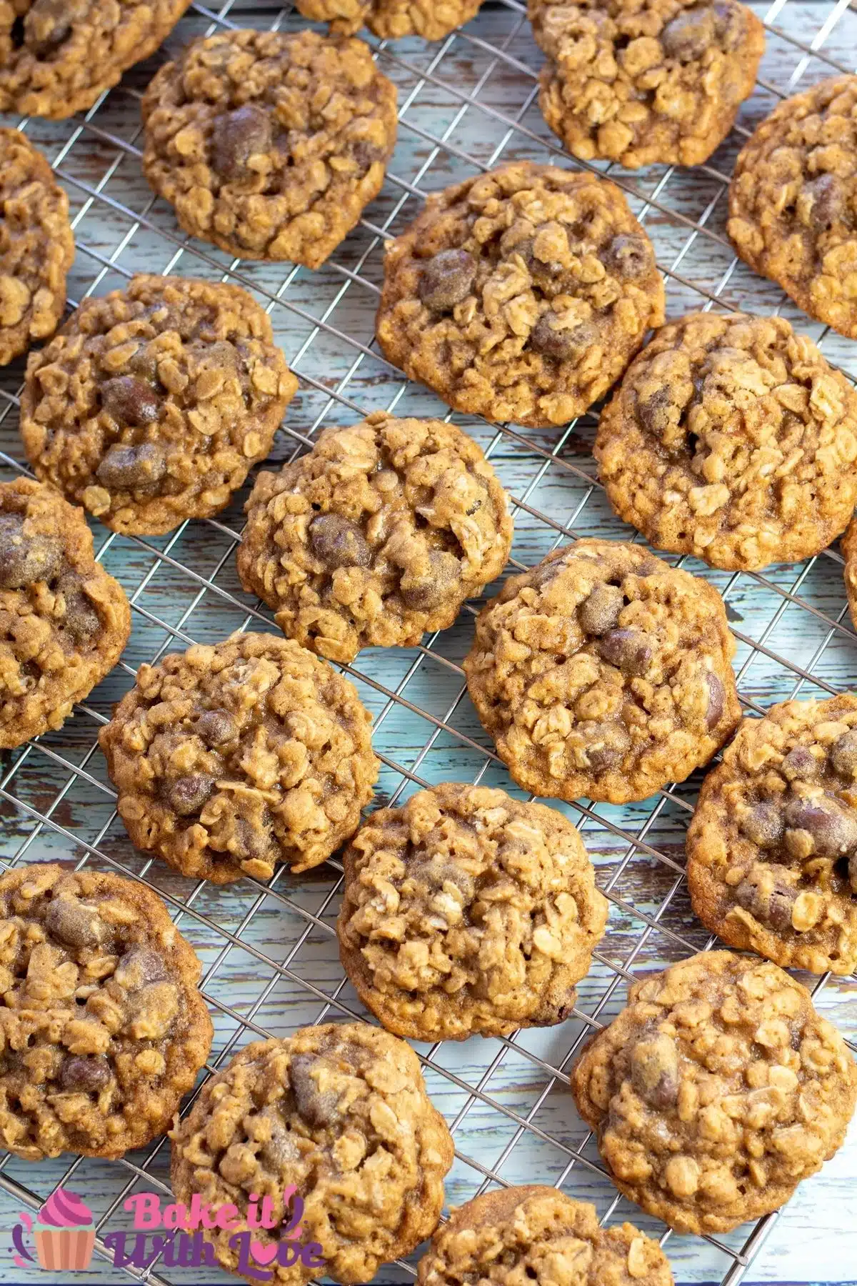 Tall image of oatmeal raisinet cookies on a cooling rack.