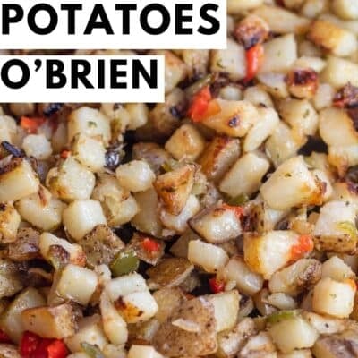 Potatoes O'Brien pinterest pin showing a close-up of crispy pan-fried diced potatoes with red and green bell peppers and onions and text overlayed.