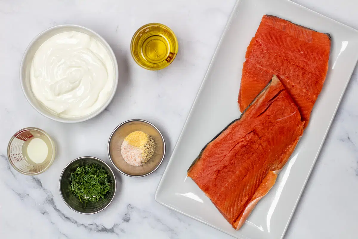 Photo of ingredients needed to make salmon with dill sauce.