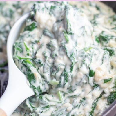 Pin image with text of steakhouse creamed spinach in pan.