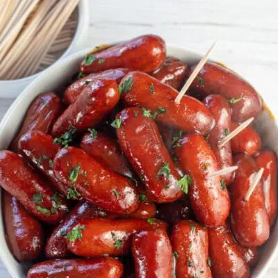 2 ingredient bbq little smokies pin with text header.