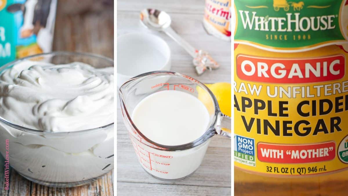 A 3 pane collage image featuring sour cream, homemade buttermilk, and apple cider vinegar.
