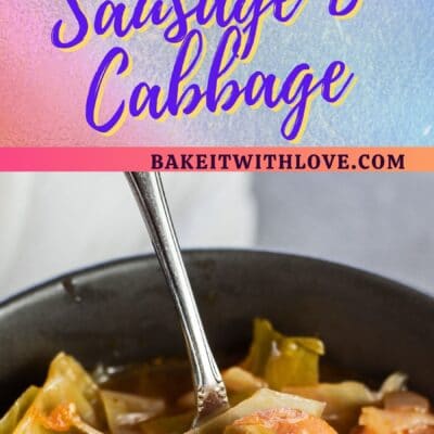 Pin image with text of Cajun cabbage stew in a black bowl.