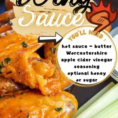 Best tasty chicken wing sauce recipe pin with a chicken wings image and text title overlay.