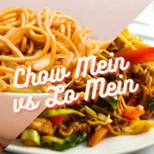 Chow Mein vs Lo Mein image of both side by side with text overlay.