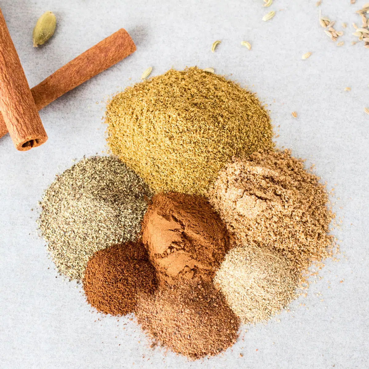 Square image of garam masala spices on a white background.