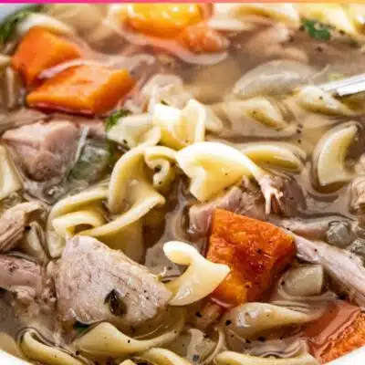 Best noodles for chicken noodle soup pin with image and text block header.