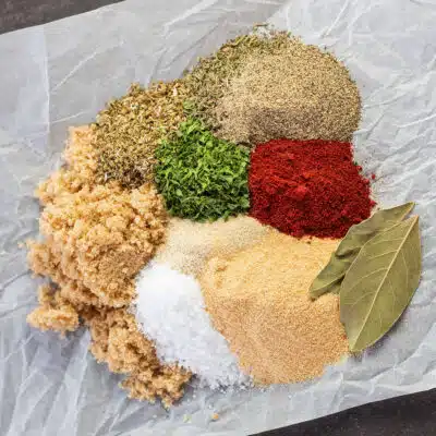 Square overhead image of the measured spices to make the best pot roast seasoning.
