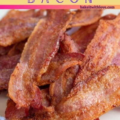 Best air fryer bacon pin with text header box above bacon image.