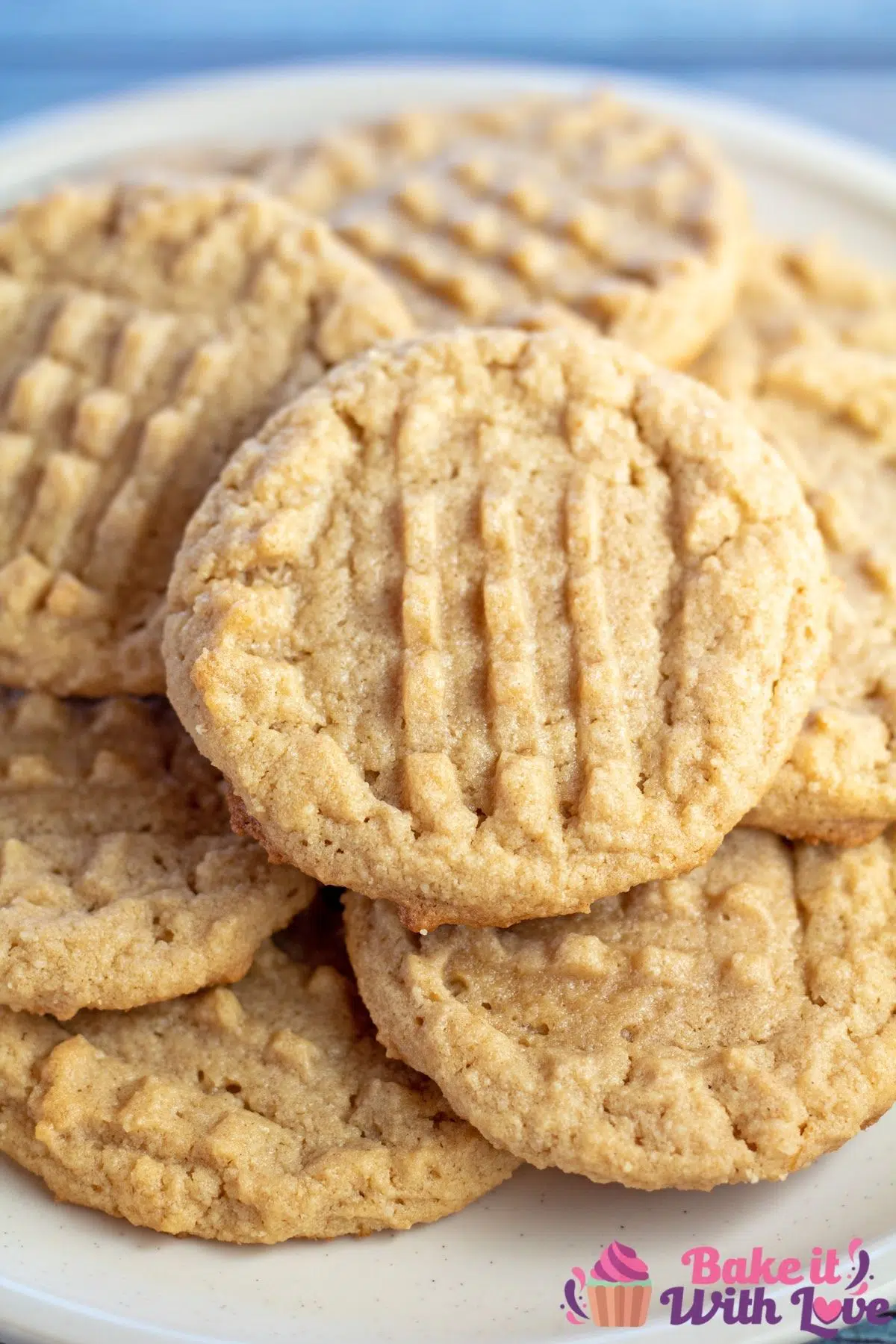 Tall image of almond flour peanut butter cookies on a white plate.