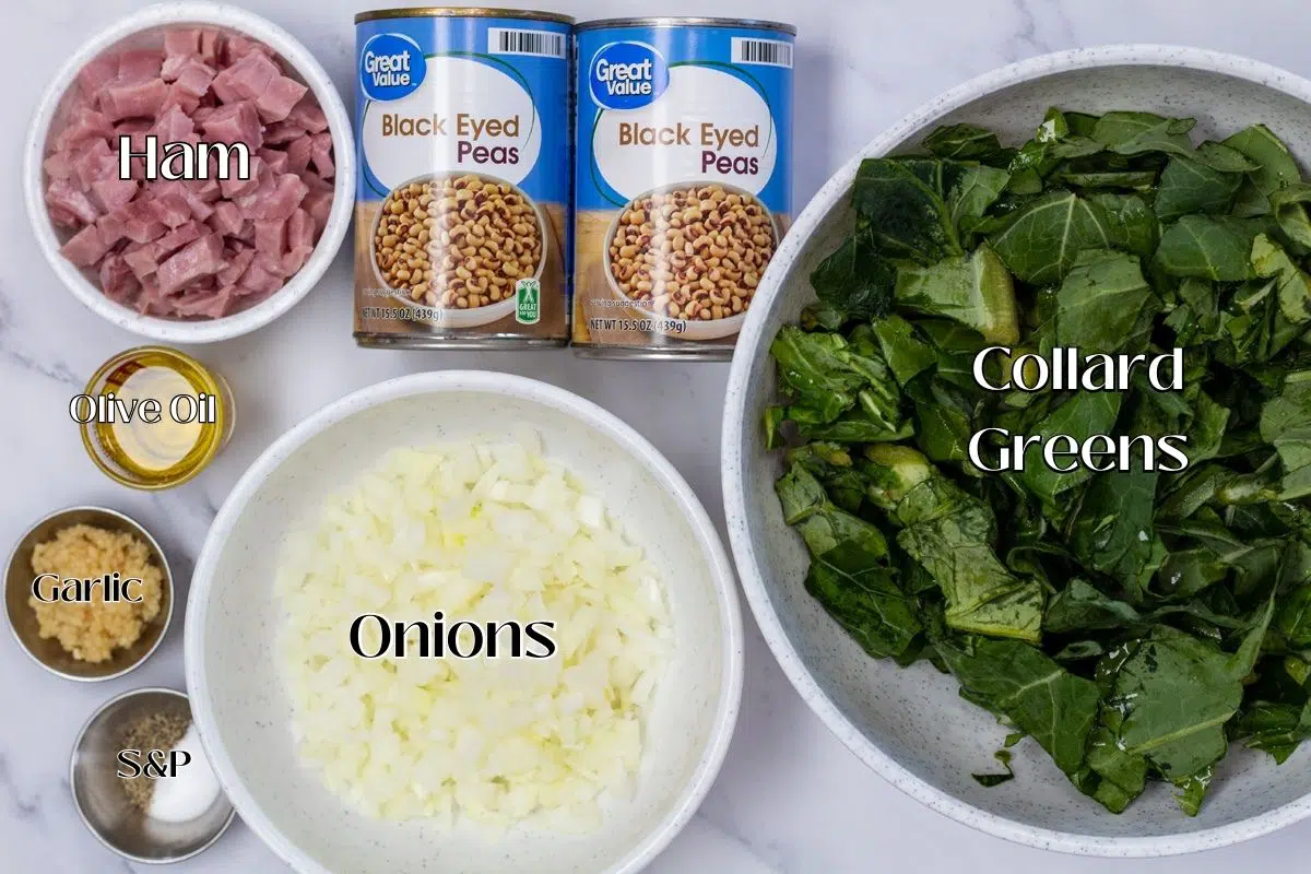 Black eyed peas with collard greens and ham ingredients with labels.