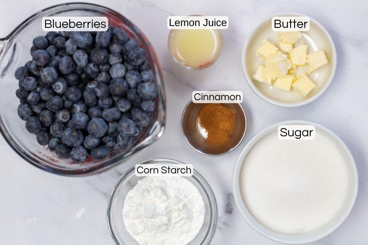 Best blueberry pie filling recipe ingredients with labels.