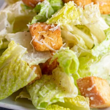 Wide closeup on the creamy Caesar salad dressing no anchovies tossed with greens and served with croutons.