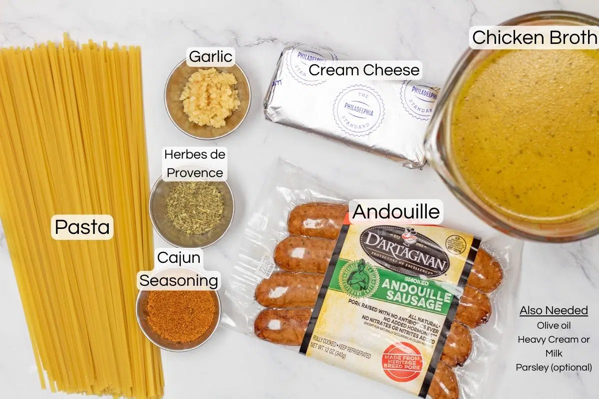 Cajun sausage pasta ingredients with labels.