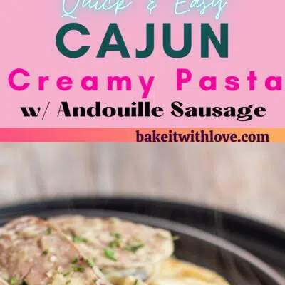 Best Cajun sausage pasta pin with 2 images and text box divider.