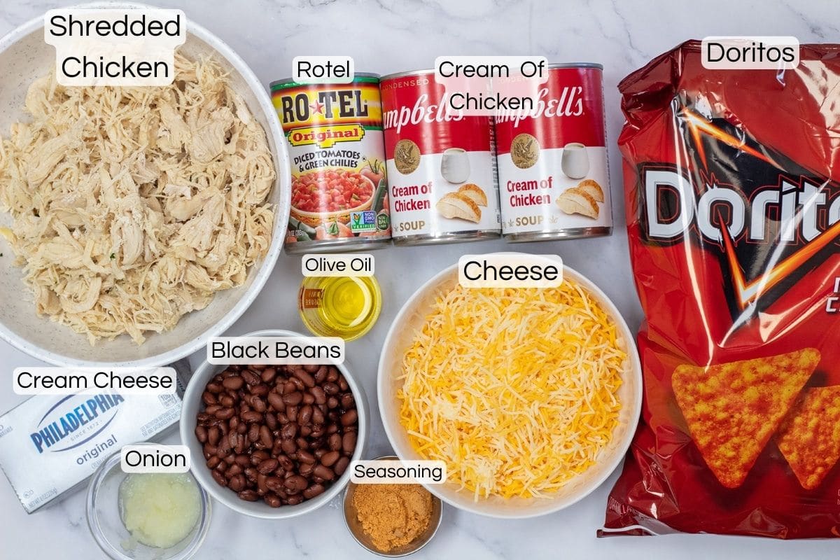 Nacho cheese Doritos chicken casserole ingredients with labels.