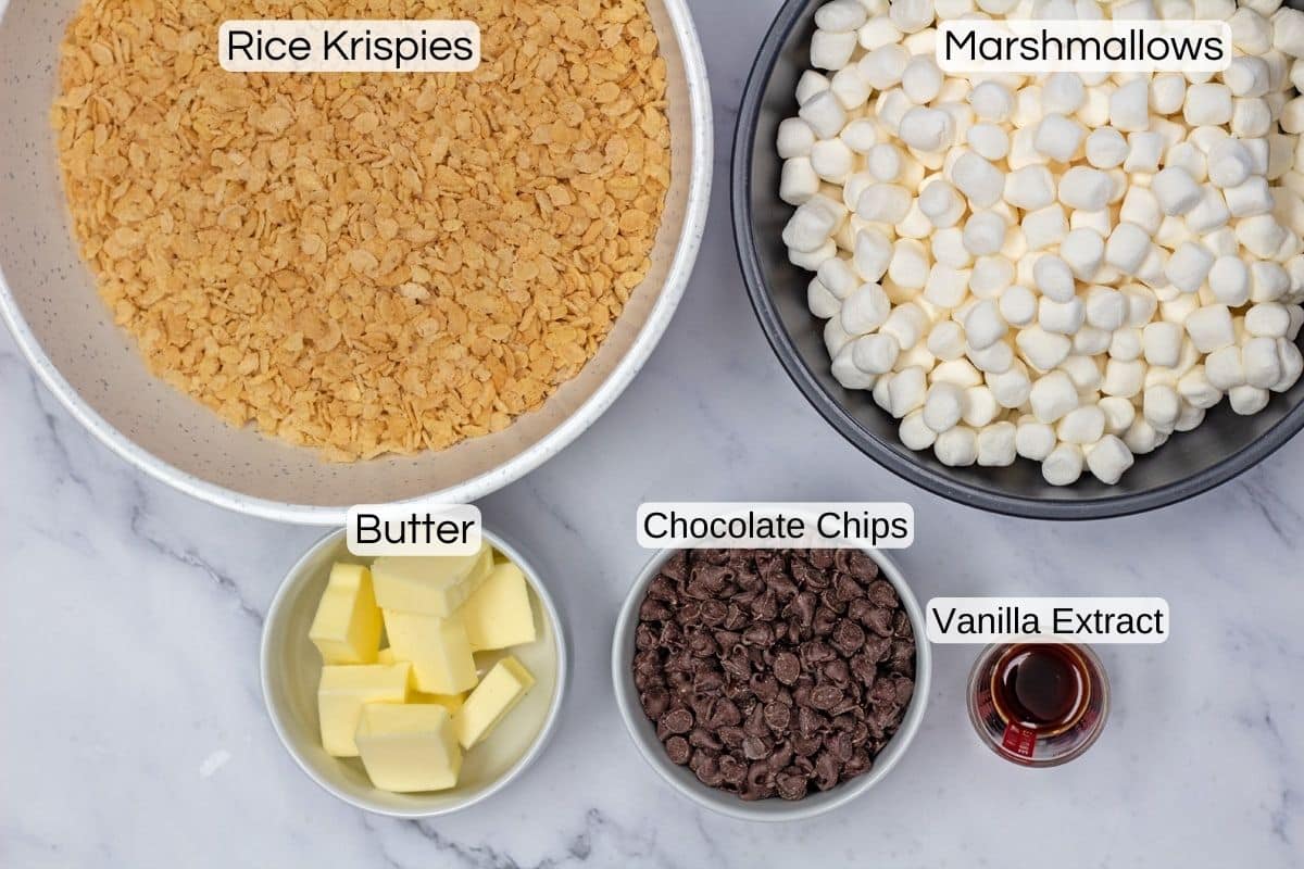 Best chocolate dipped Rice Krispies treats ingredient image with labels.