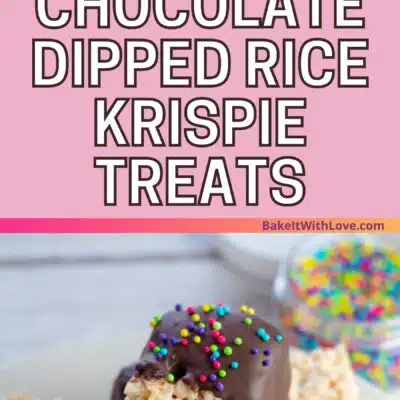 Chocolate dipped Rice Krispies treats pin with 2 images and text divider.