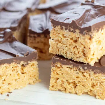 Wide image of two chocolate peanut butter rice krispies.