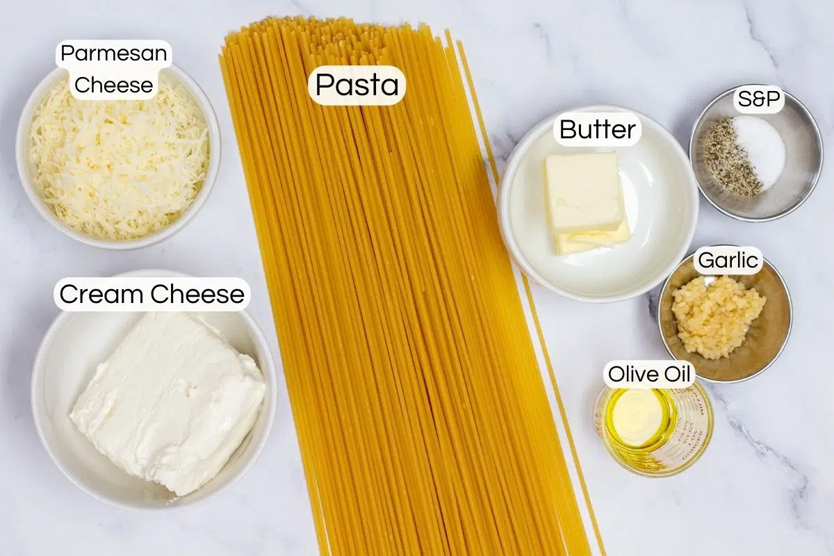 Best cream cheese pasta recipe ingredients with labels.