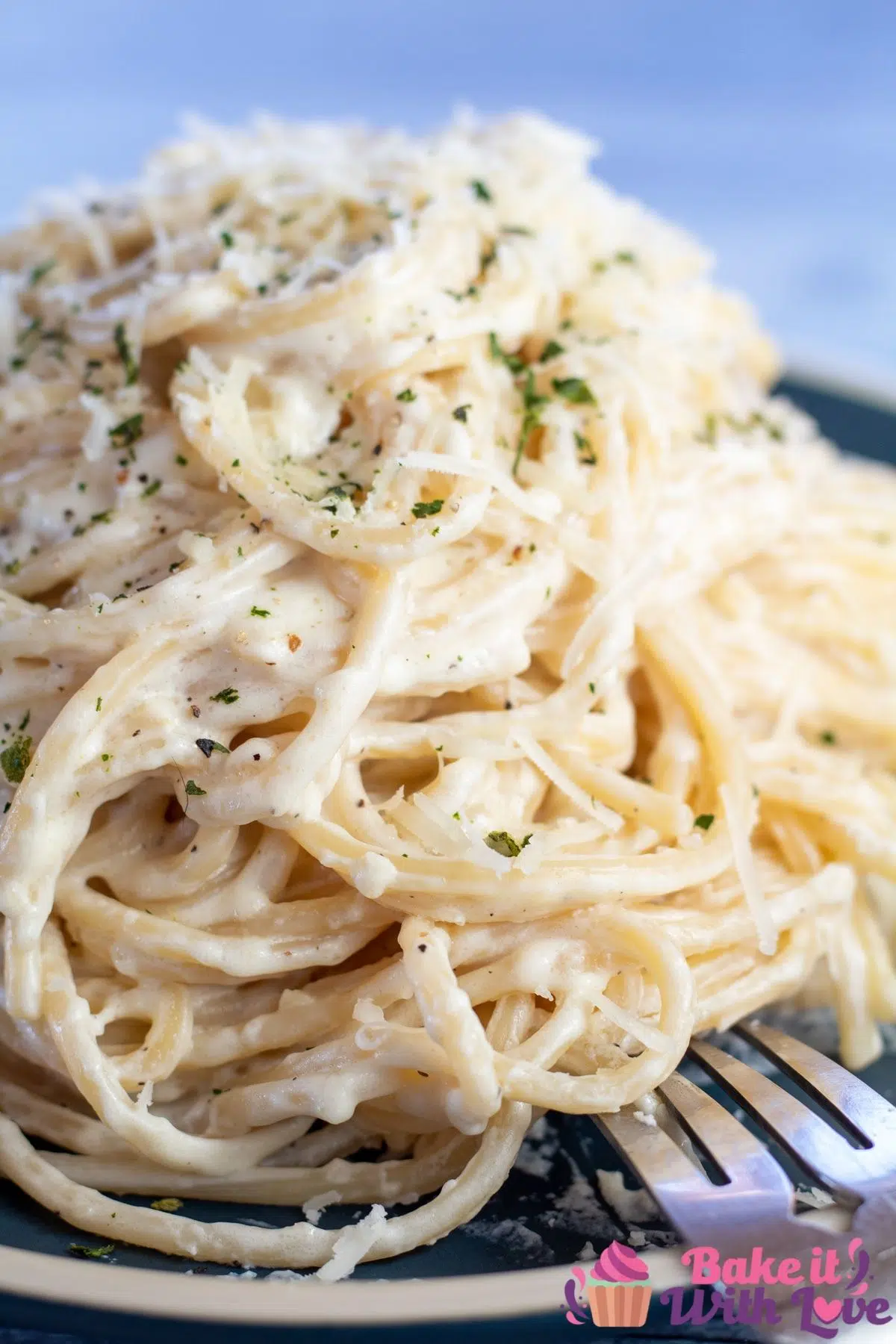 Tall closeup on the plated cream cheese pasta.