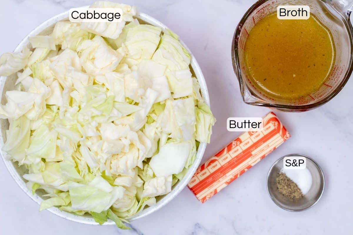 Instant Pot buttered cabbage ingredients with labels.