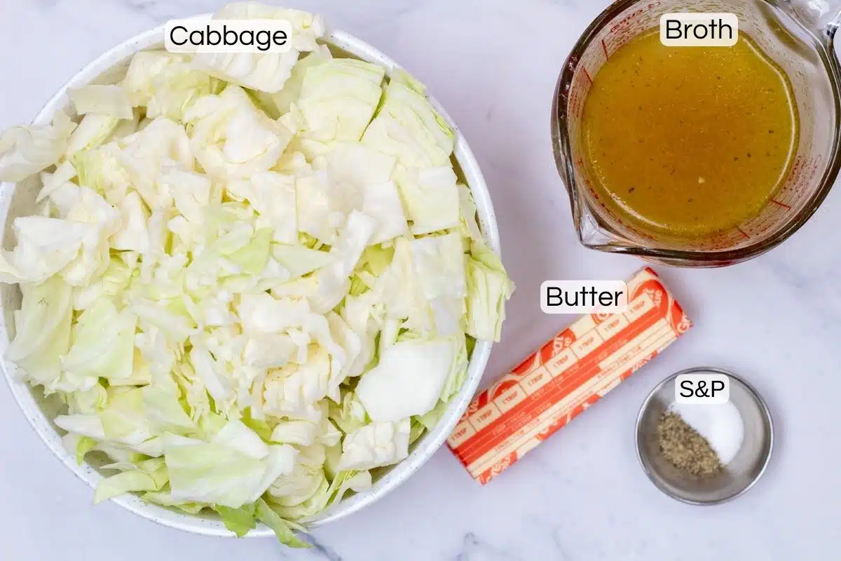 Instant Pot buttered cabbage ingredients with labels.