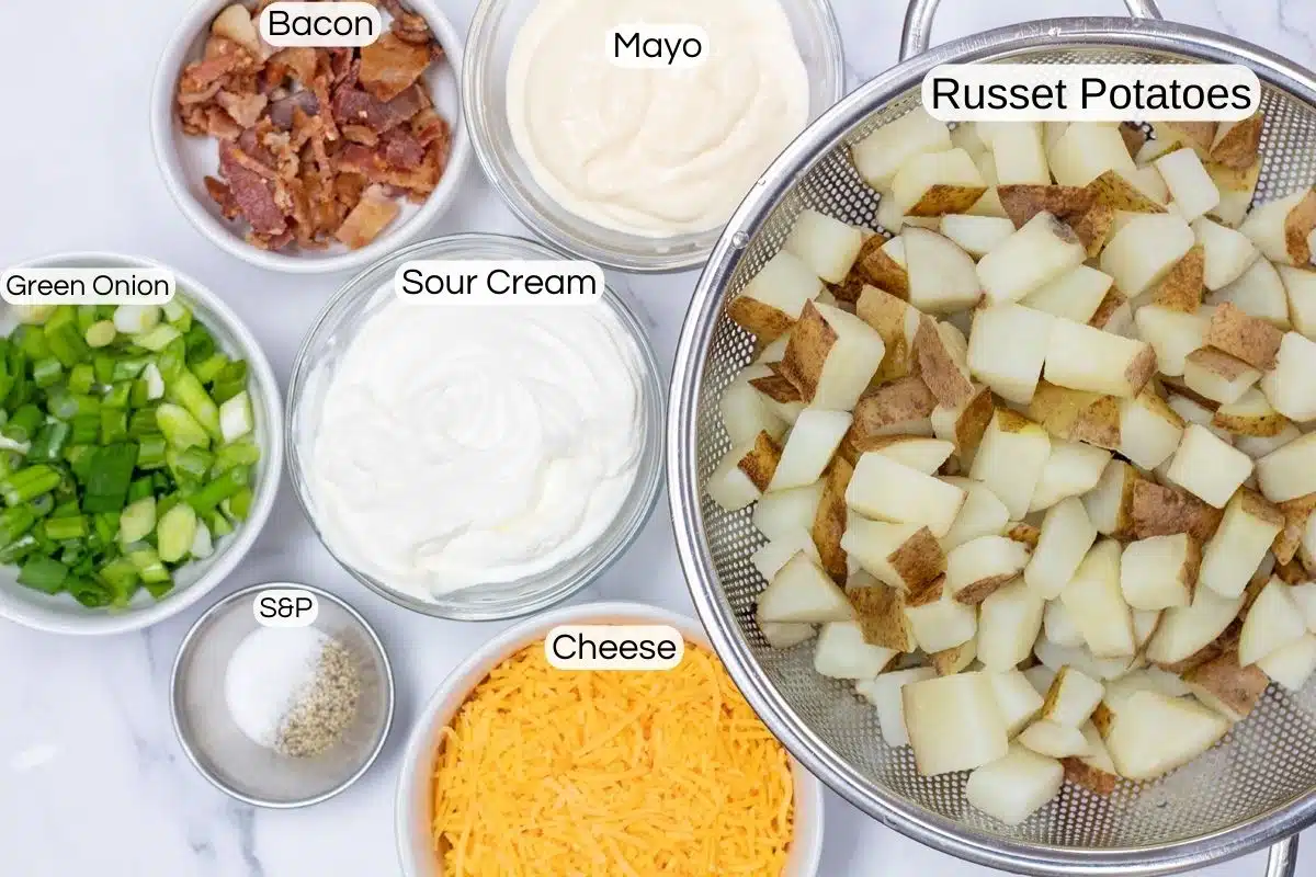 Easy loaded baked potato salad ingredients image with labels.