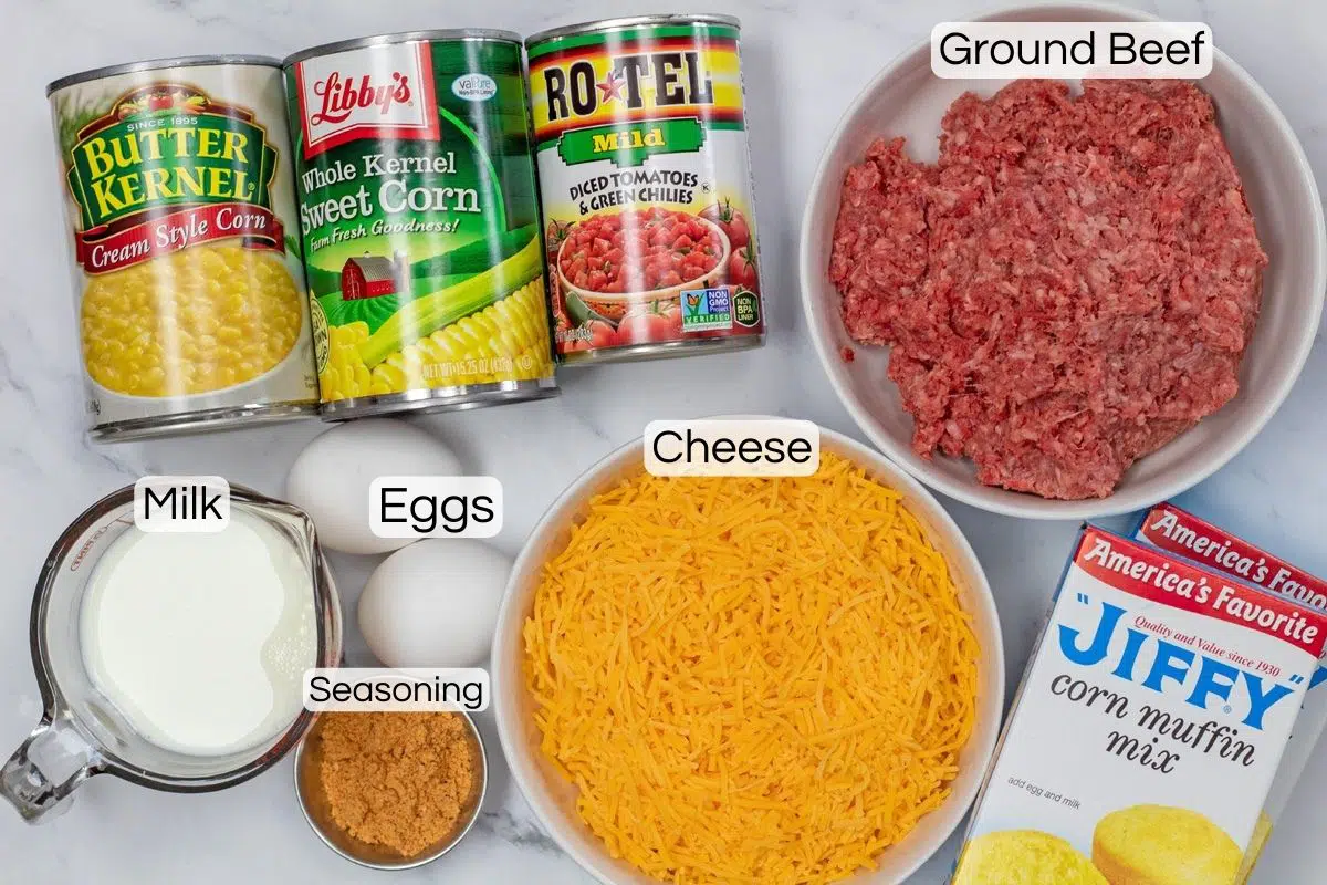 Mexican cornbread casserole ingredients with labels.